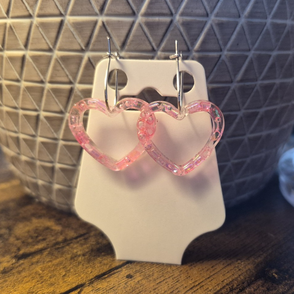 Pink Resin Heart Love Dangle/Drop Hook Earrings for Lobe Piercings, No Stone