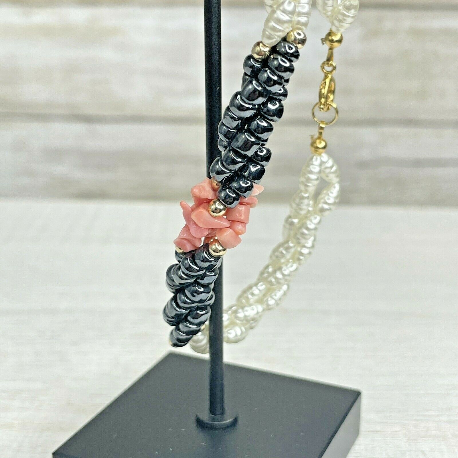 Coral Pink White Black Faux Pearl Bead Bracelet