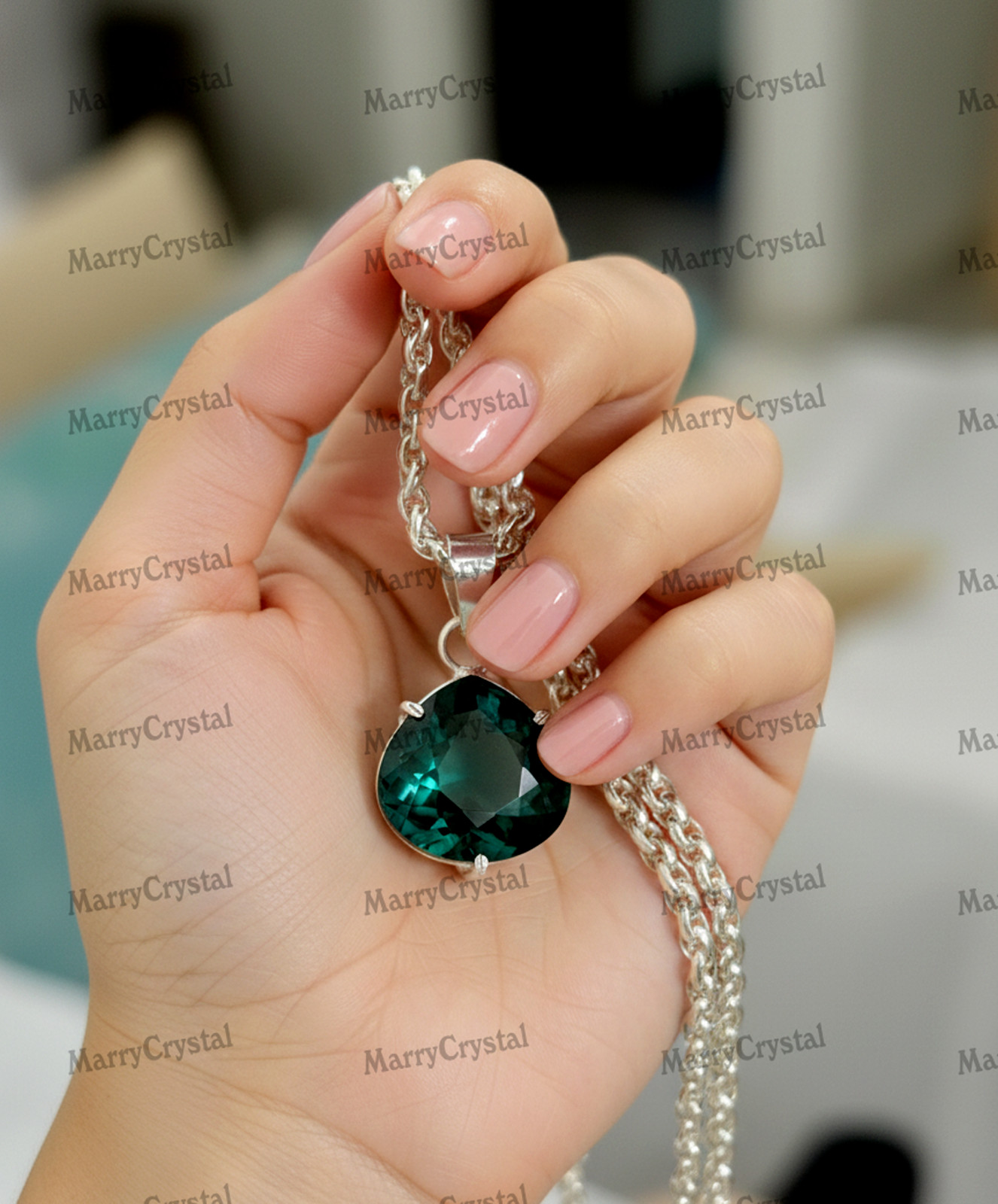 34+ Ct Green Amethyst Color Quartz Stone 18″ Chain German Silver Gemstone