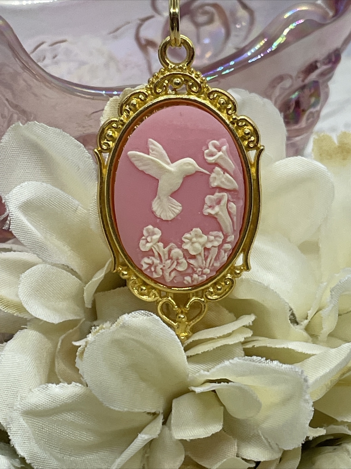 PINK Hummingbird Necklace Heart Cameo Mom Daughter Gold wedding JEWELRY Easter