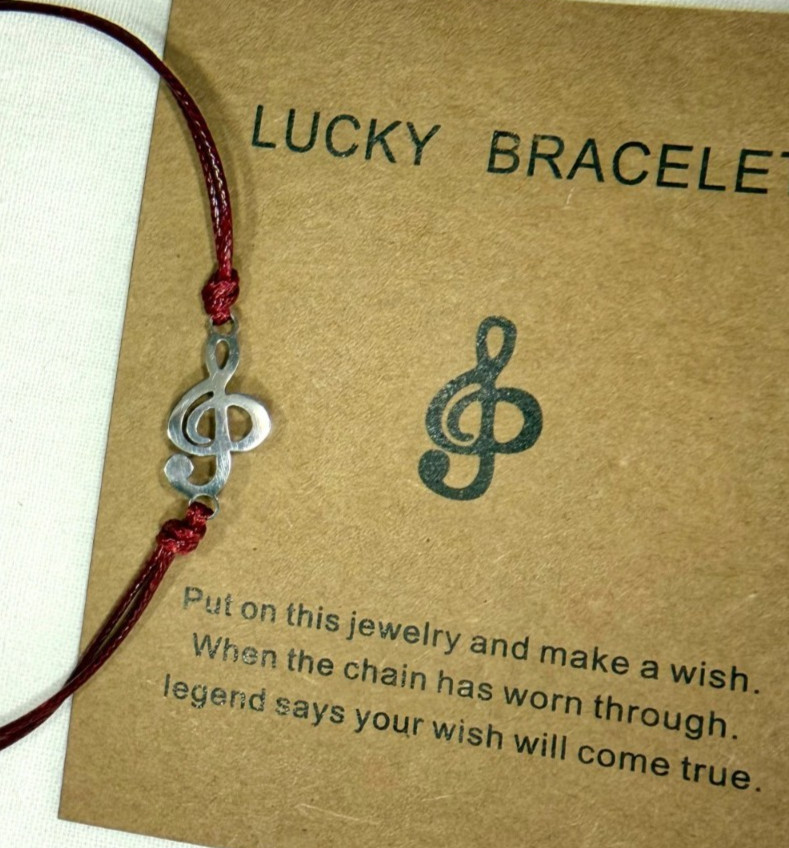 Music Wish Bracelet Stainless Steel Treble Clef Burgundy Red Woven Cord