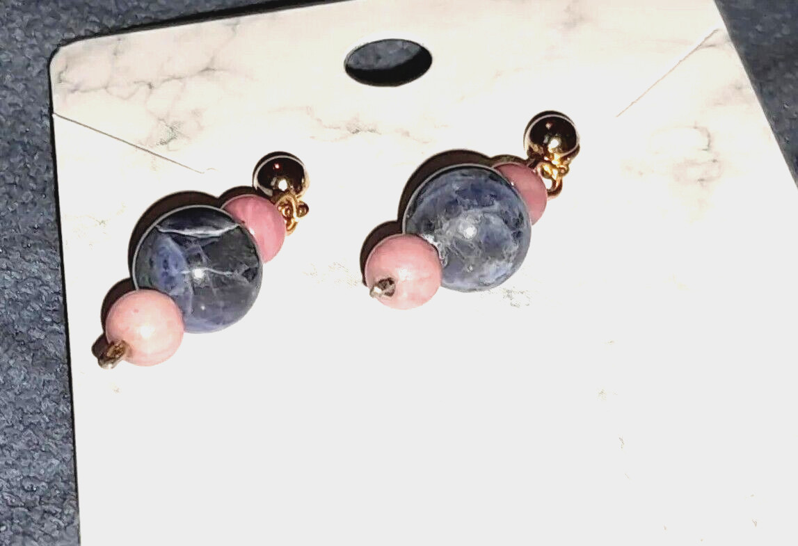 Pink Rhodonite blue sodalite new stone post earrings yelllow gold plated