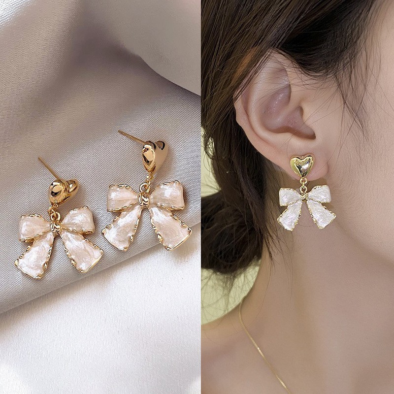 French style White Faux Pearl Heart Bow Dangle Earrings For Women One Size