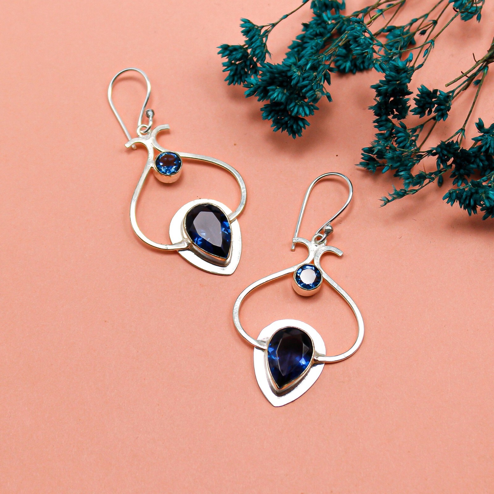 London Blue Topaz Gemstone Jewelry 925 Silver Handmade Earrings 2.2″ For Women