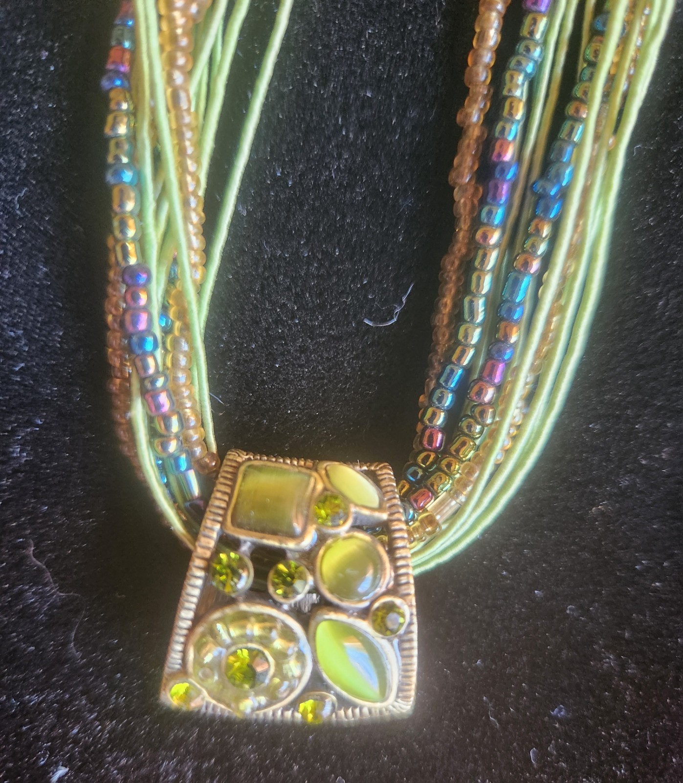 Chicos Statement Necklace pendant greens chunky Multi colored beads and Strands