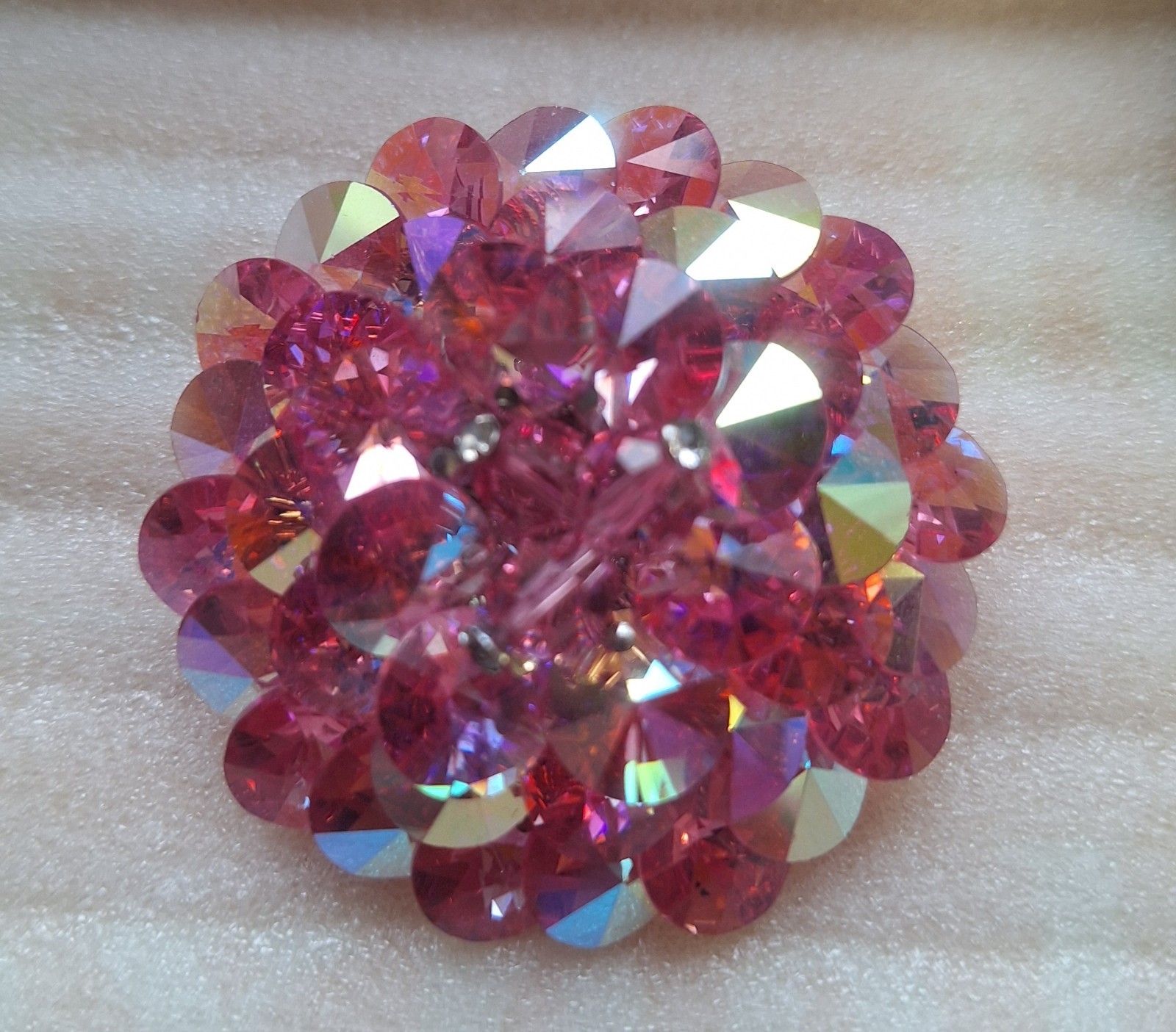 Pink Aurora Borealis Crystal Rhinestone Flower Cluster Brooch Pin, Metal Signed