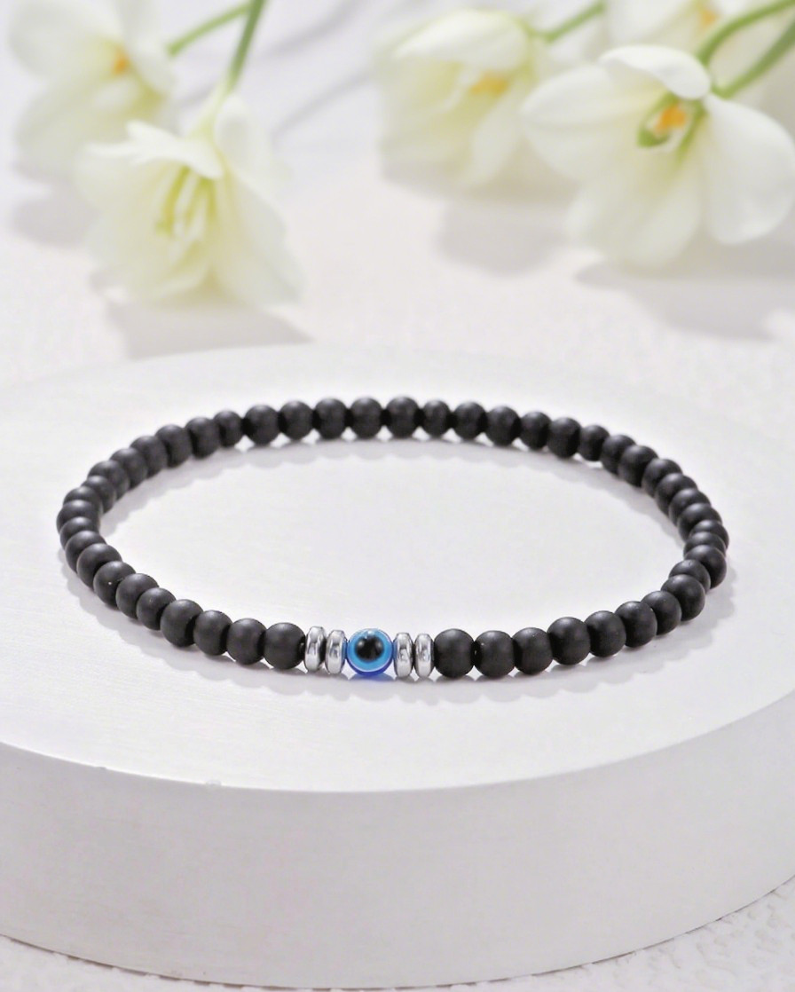 Evil Eye Black Tourmaline Stretch Bracelet 4mm Round Gemstone Beaded Jewelry
