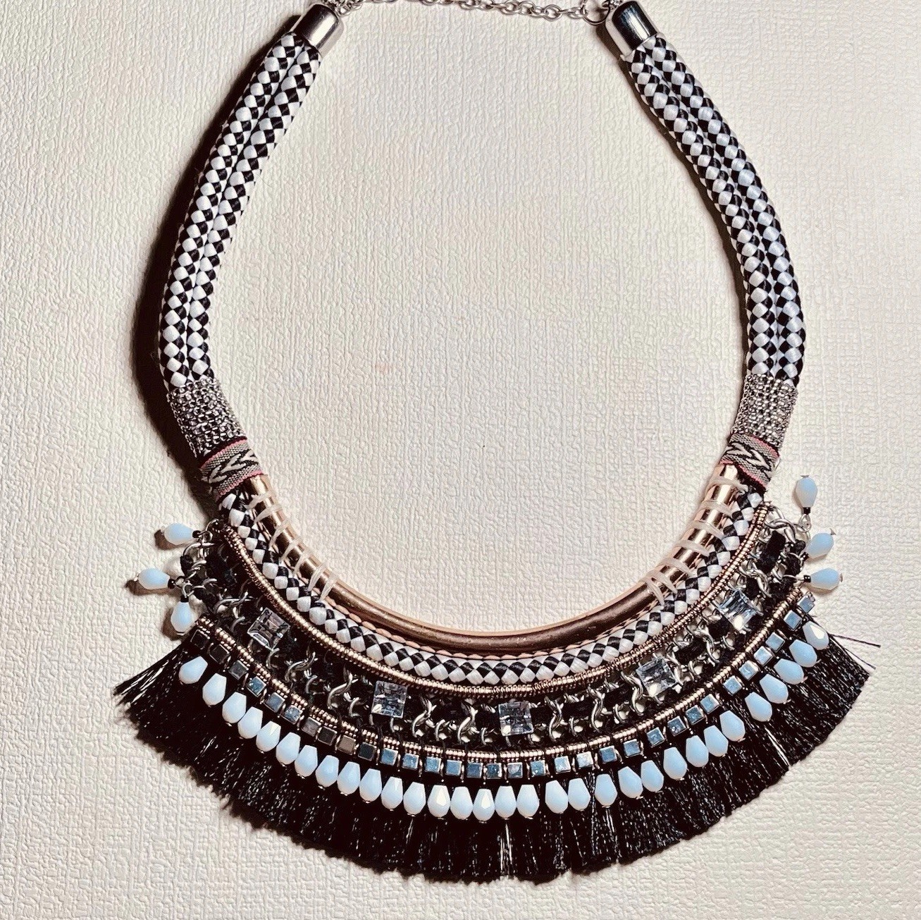 Chicos Bold Boho Necklace Tribal Style Bead and Fringe Layered Design Woven Cord