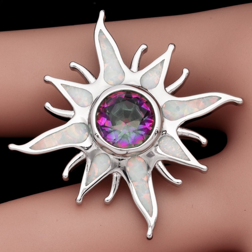 Starburst Mystic Topaz White Fire Opal Silver Jewelry Women Necklace Pendant