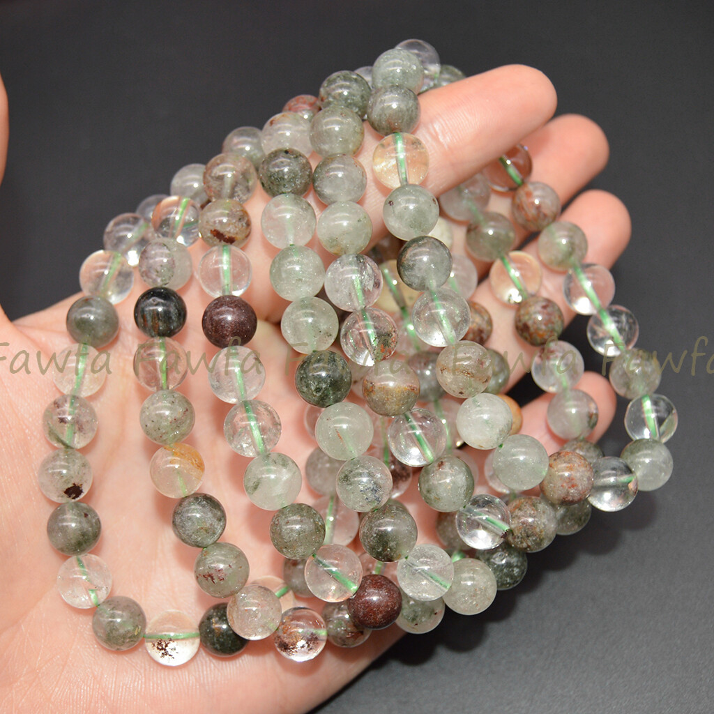 6 Pcs 8mm Green Phantom Ghost Quartz Crystal Round Gems Beads Elastic Bracelet