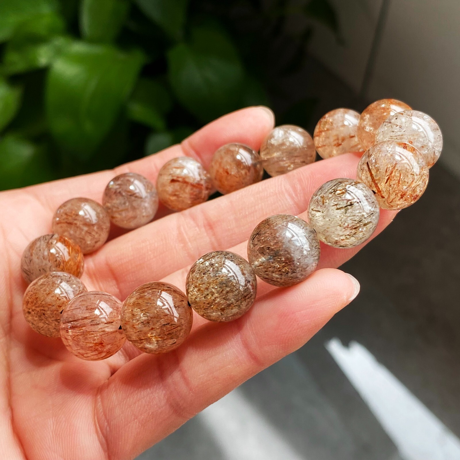 13.1mm Natural Red Gold Rutilated Super 7 Quartz Crystal Beads Bracelet 1701