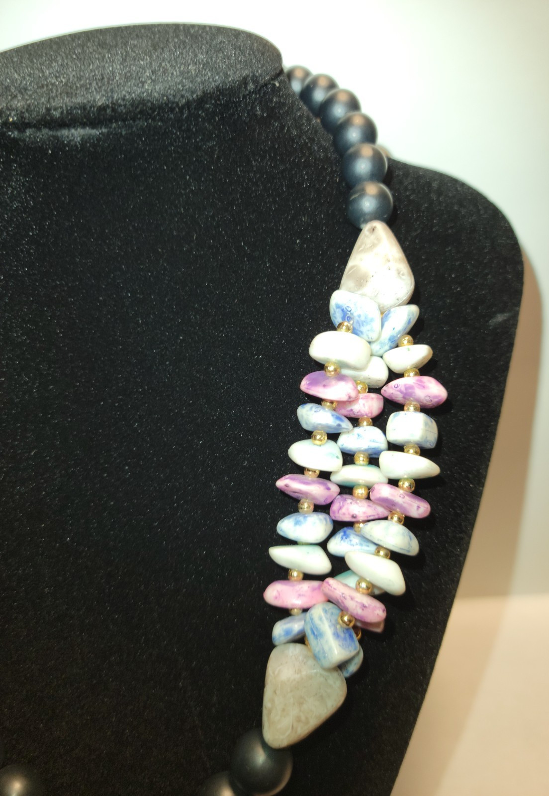 Handmade Beaded Statement Necklace with Multi-Color Stone Accents & Dark Beads