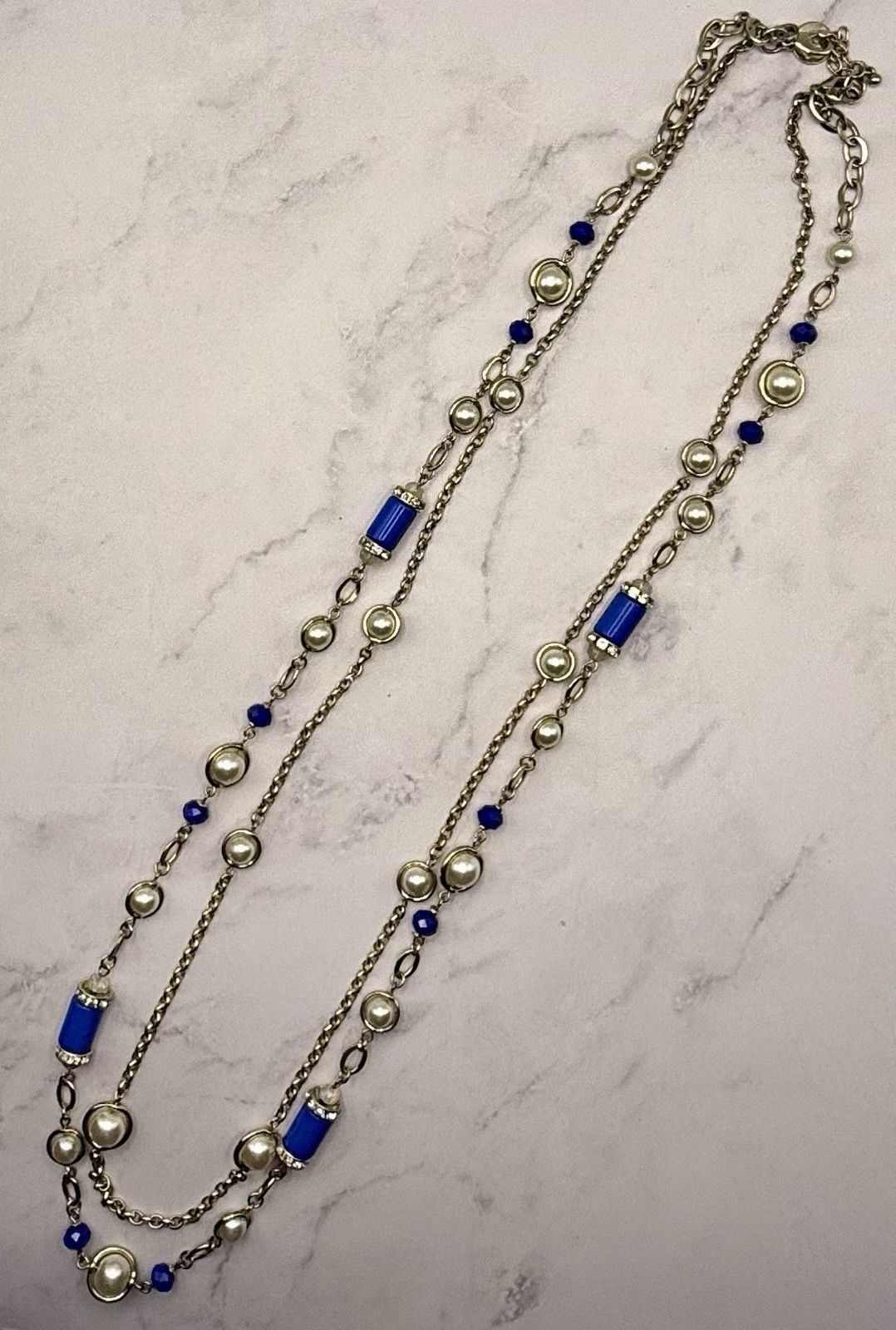 WHBM Convertible 3 in 1 Necklace Cobalt Pearl 38″ Champagne Gold Tone SportGlam