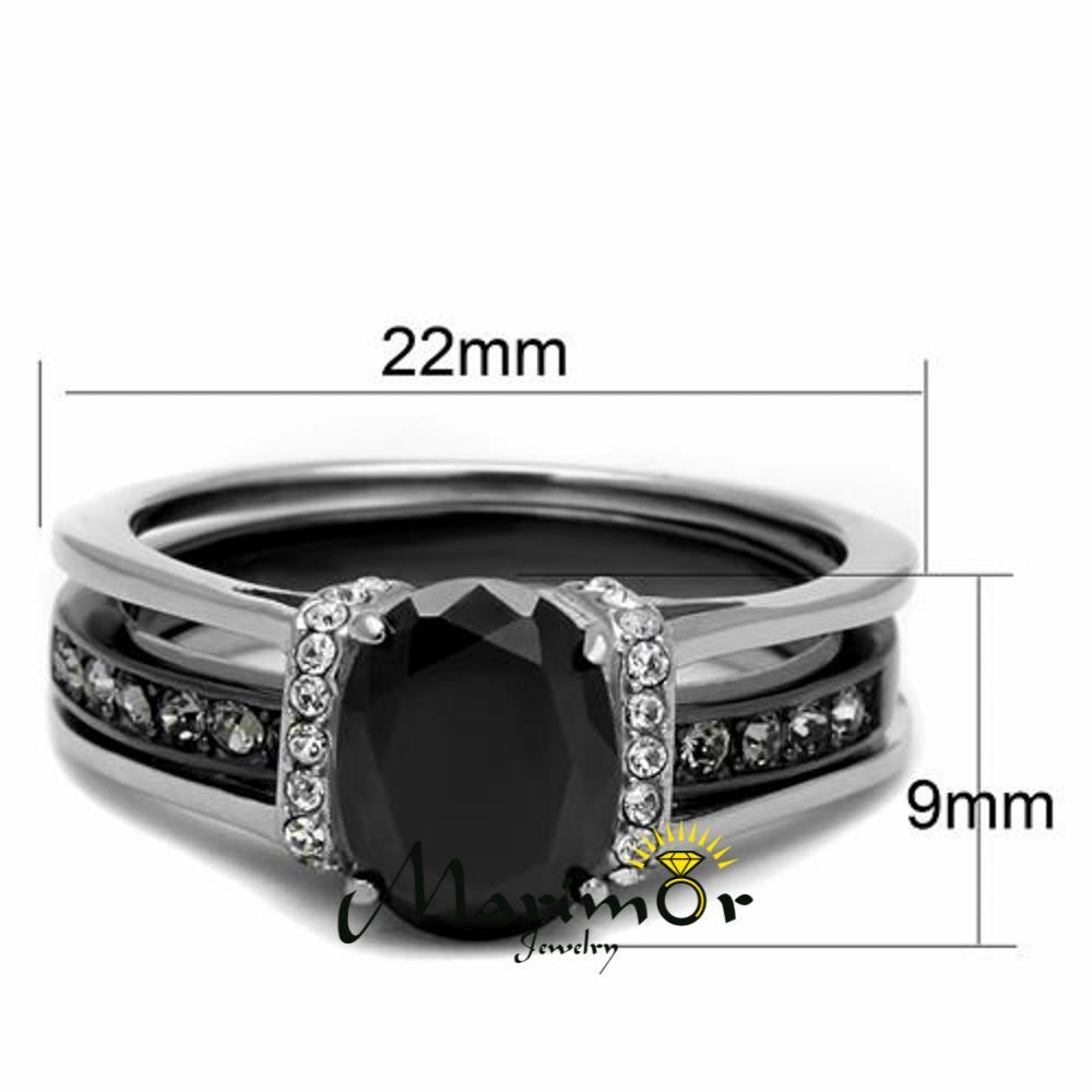 Stainless Steel 2.12 Ct Oval Cut Black Cz Two Toned Ion Plated Wedding Ring Set