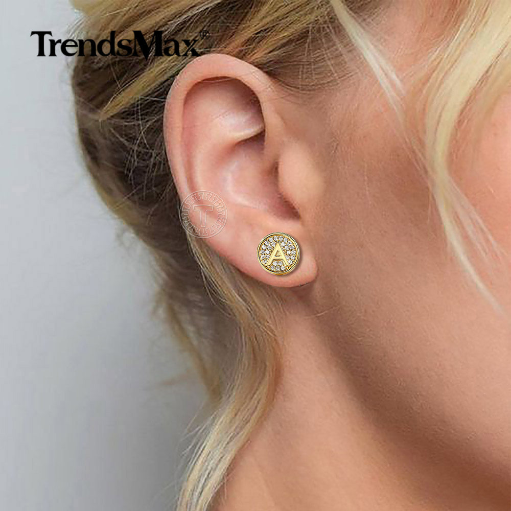 Gold Plated CZ Initial Letter A-Z Stud Earrings Crystal Alphabet for Women Men