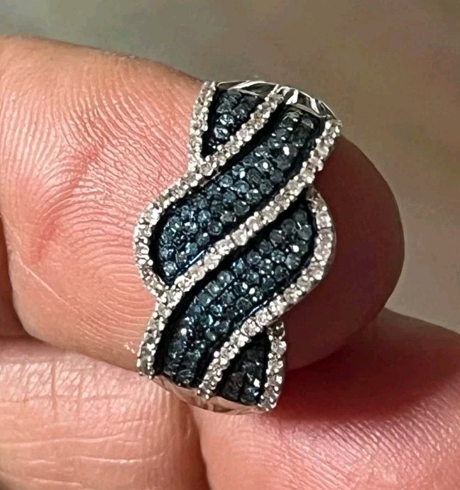 Silver Tone Blue & Clear Crystal Pavé Wave Band Ring, Size 7