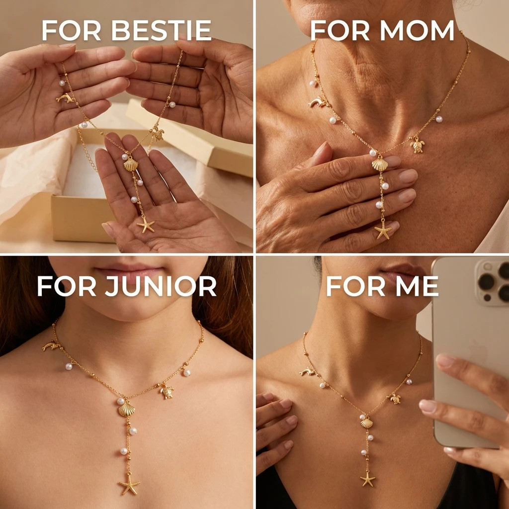 Marine Animals Seashells Starfish Long Tassel Necklace for Women Dolphin Turtle