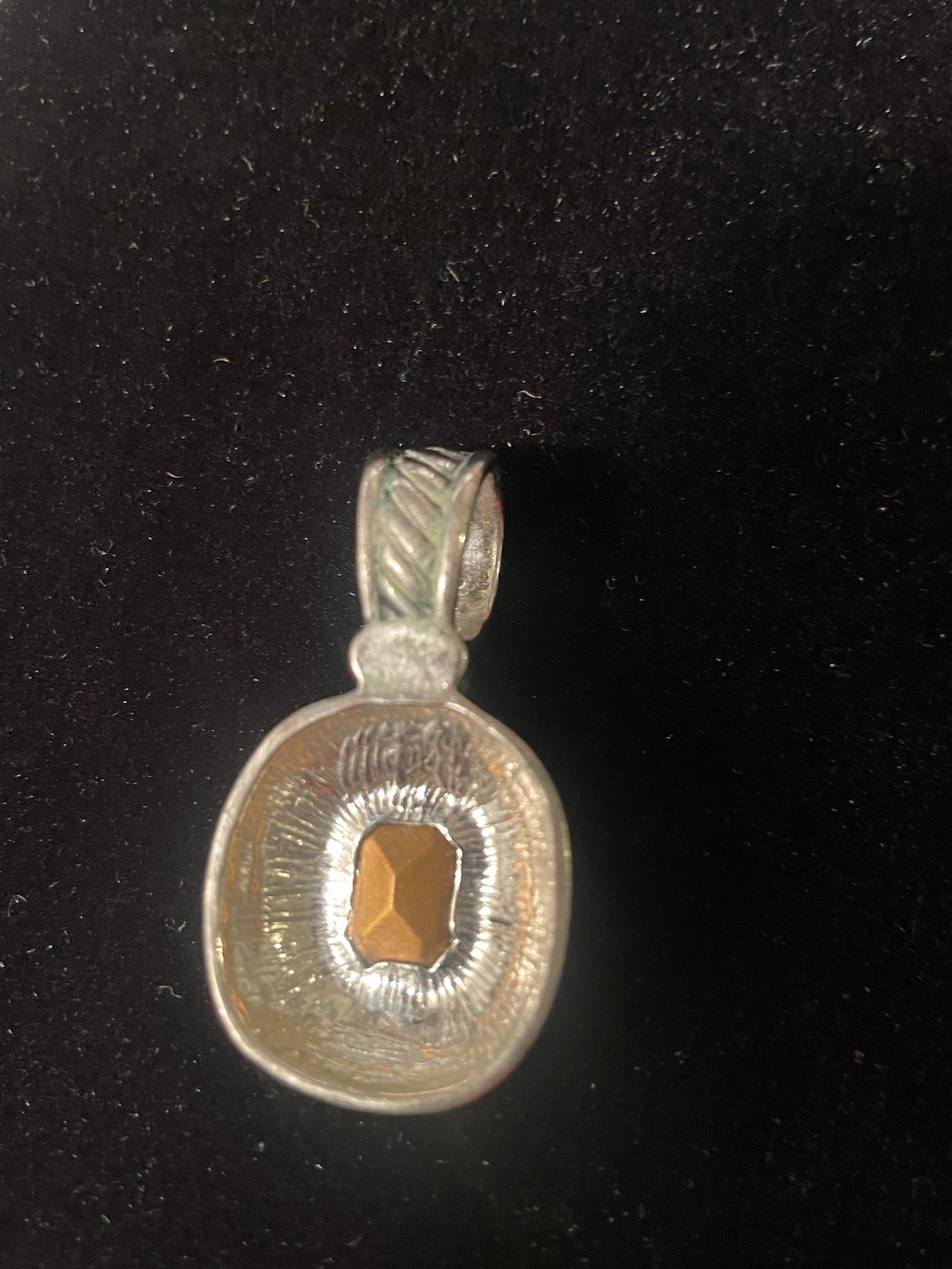 Silver Tone Oval Charm Pendant w/ Blue Octagon Crystal, Bezel Set