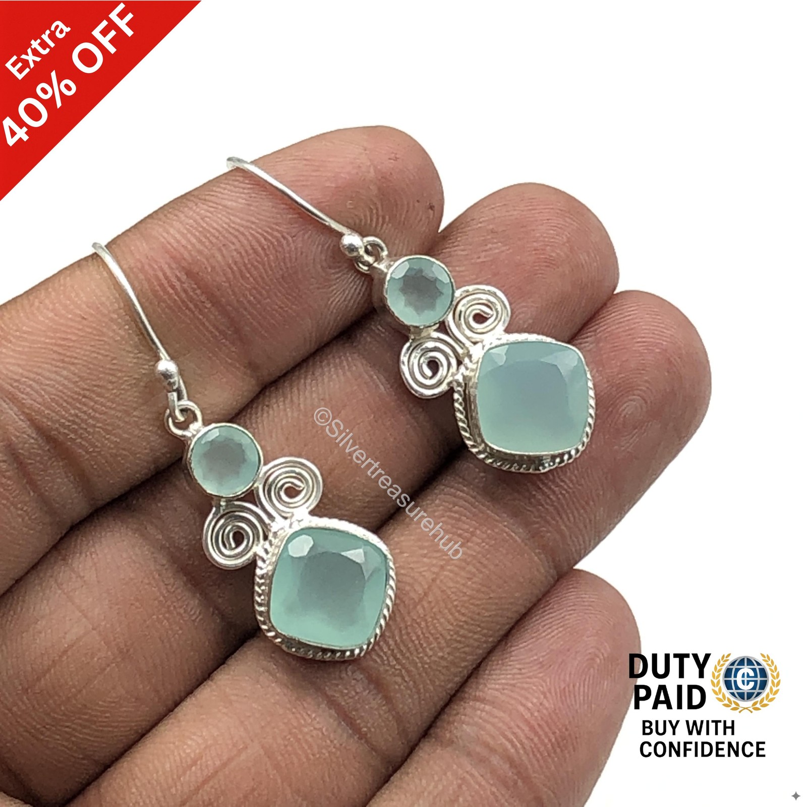 Throat Chakra AQUA CHALCEDONY Gemstone Wife Drop Dangle Earrings Sterling Silver