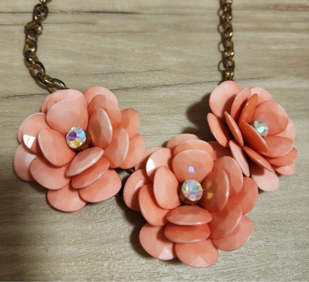 Pink Flower Statement Cable Chain Necklace, Clear Crystal Charms, Adjustable