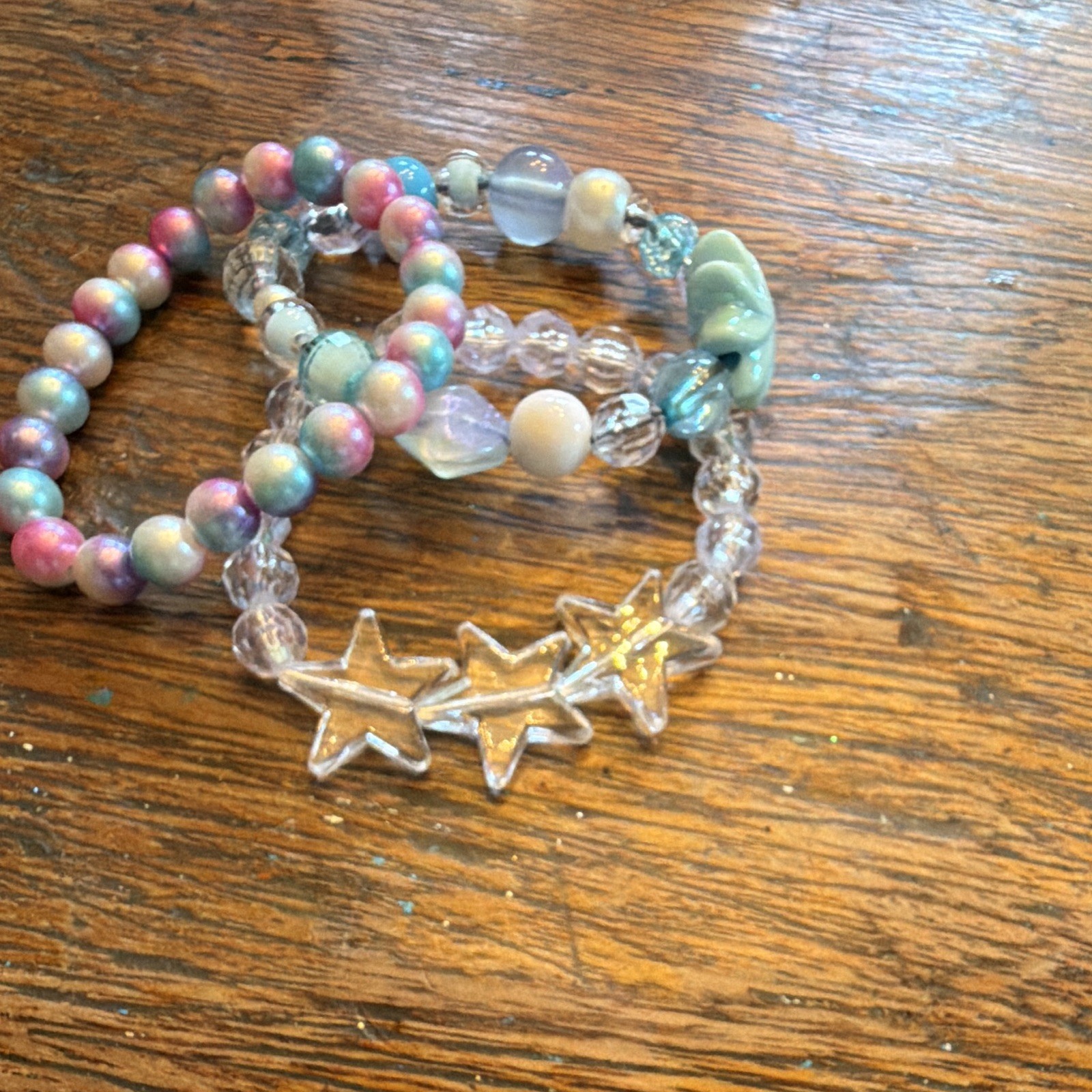Set Of 6 Multicolor Beaded Stretch Charm Bracelets Stars Flowers Stackable