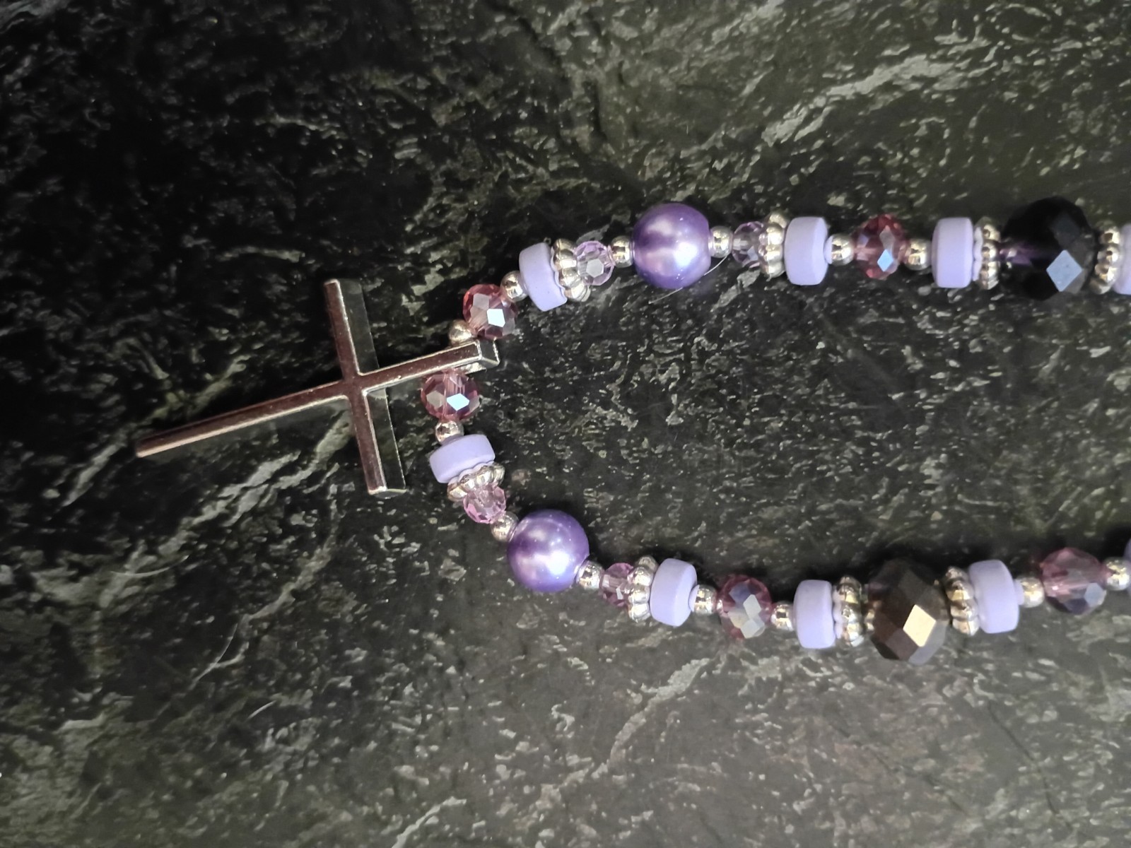 Handmade, Purple Glass Beaded Ball Chain Necklace w/ Silver Cross Charm Pendant