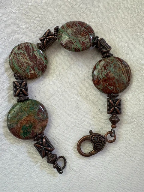 Jasper Disc Bracelet • Green Brown Stones • Copper Tone X Links • 8.5″