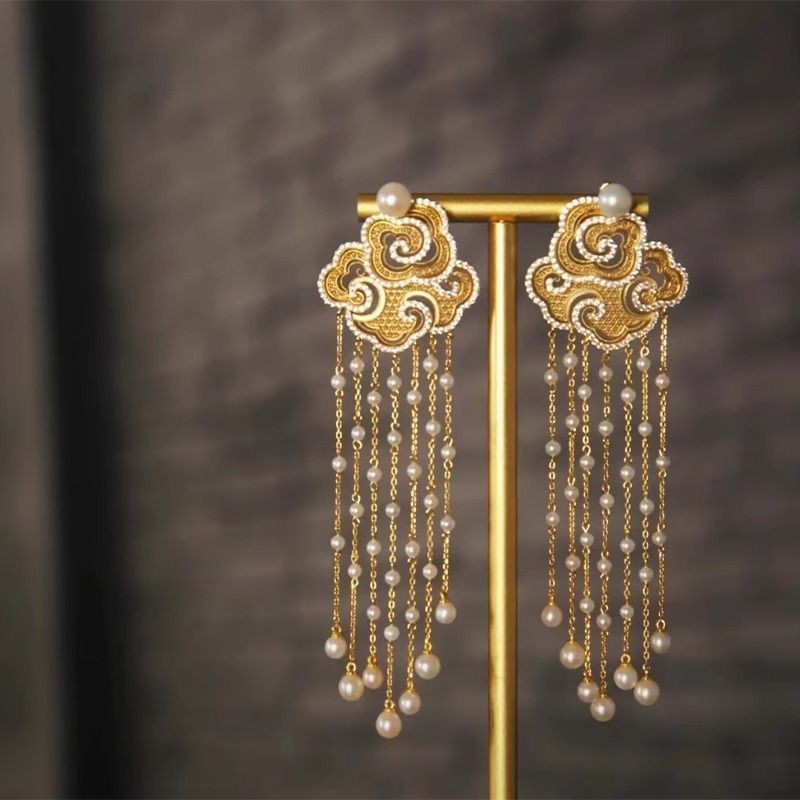 Cloud Pattern Pearl Tassel Earrings Vintage Chinese Style Hanfu Jewelry