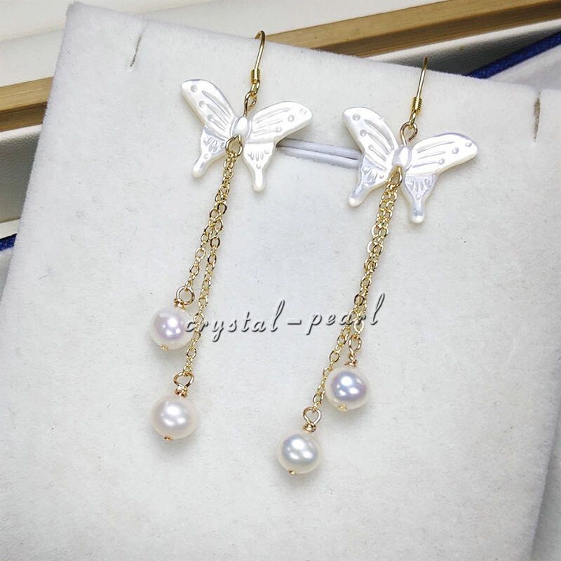 Genuine AAA natural south sea white pearl dangle earrings 14k yelllow gold P