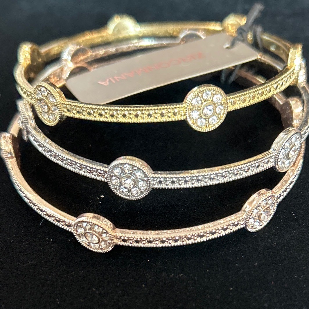 Zirconite Set of Three Fashion Bangle Bracelets New Rose Gold Silver Tone New