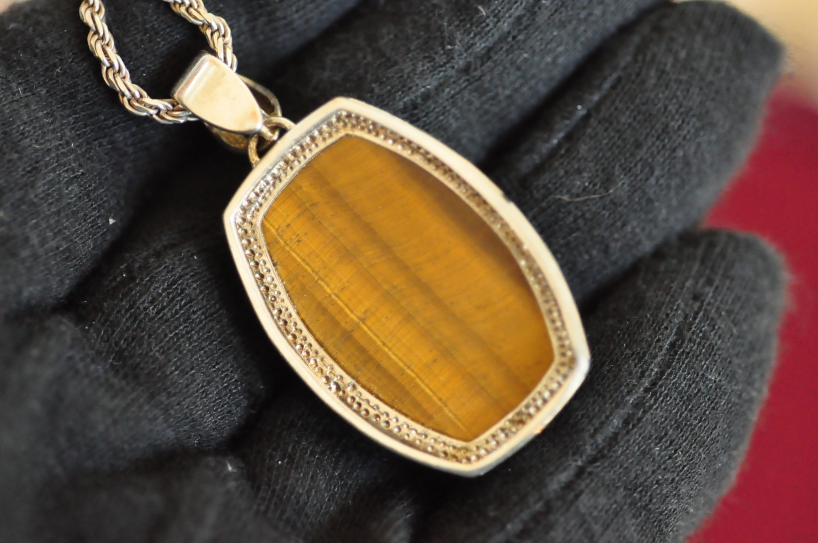 Sterling Tiger’s Eye Pendant on Italian 925 Necklace Chain – 30g, Ornate Silver