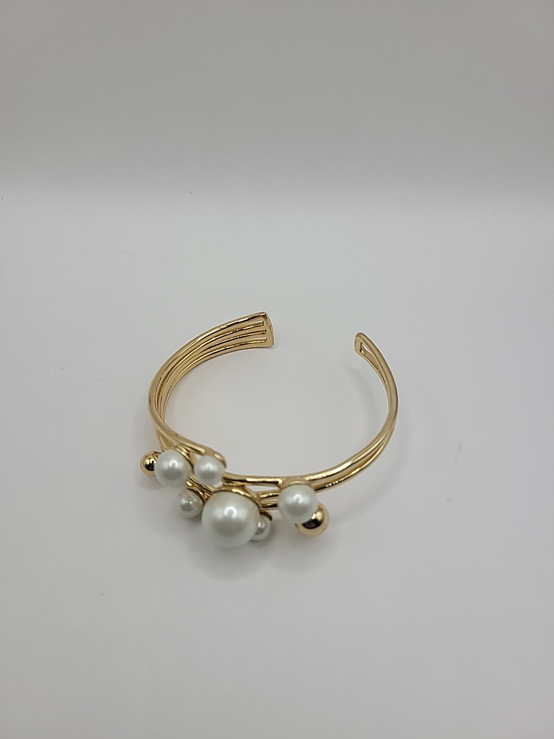 Gold Tone Faux Pearl Cuff Bracelet Multi Strand Open Bangle Statement Elegant