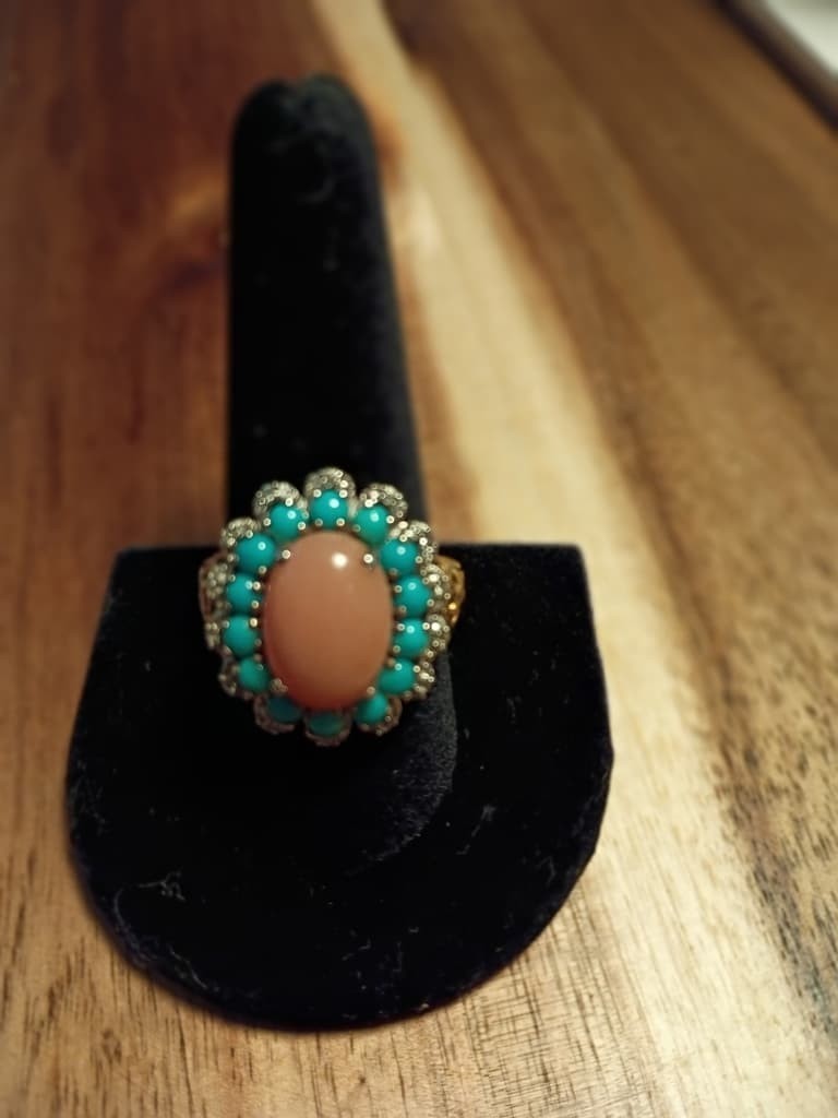 Pink Opal Turquoise Sterling Silver Ring & Earrings w/Gold Vermeil Set Size 9.75