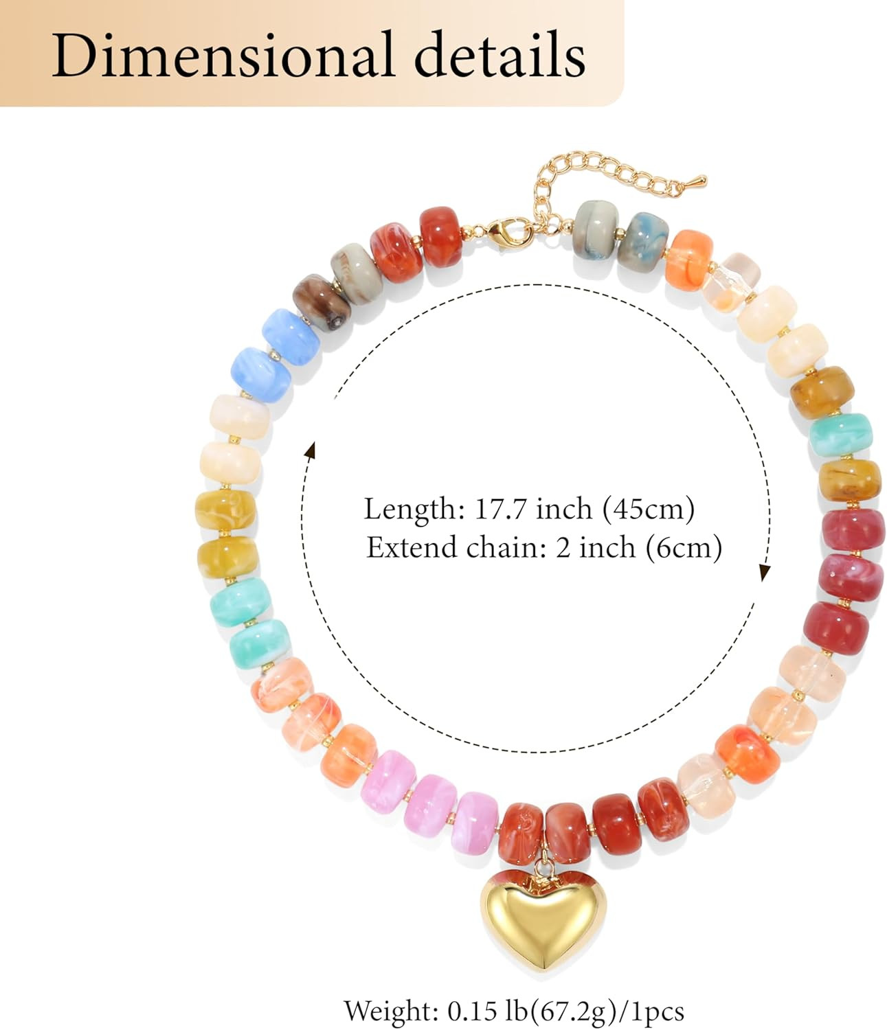 Chunky Heart Necklace for Women, Colorful Acrylic Beaded Statement Puff Heart Ne