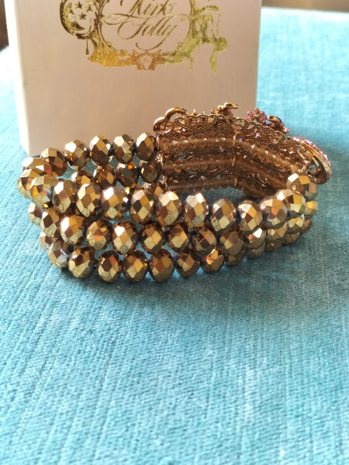Kirks Folly Bracelet, Dragon & Castle Gold Stretchy Bead Bracelet Fairytale