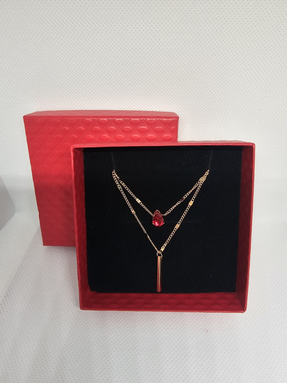 Everyday wear casual ladies Y-drop necklace jewellery red stone gold gift box