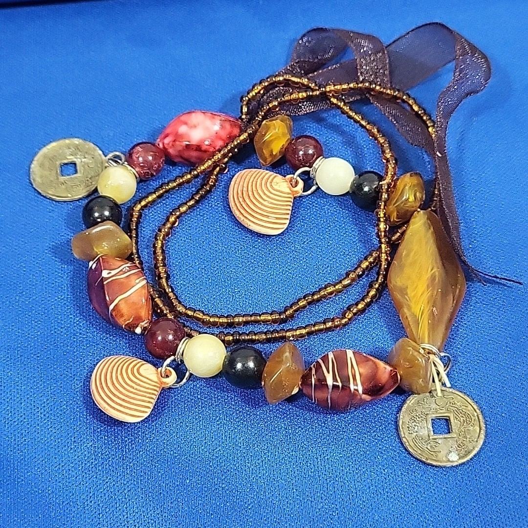 Boho Beaded Charm Bracelet Chinese Coins Slip-On Stackable