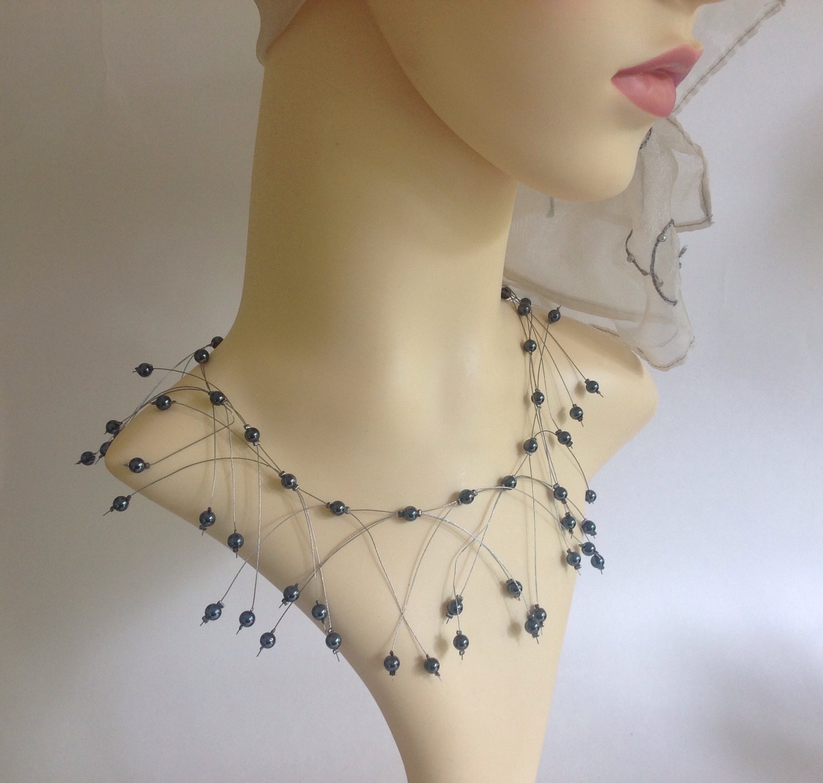 Handmade Delicate 16 Inch Necklace With Glass Pewter Beads And Steel Wire