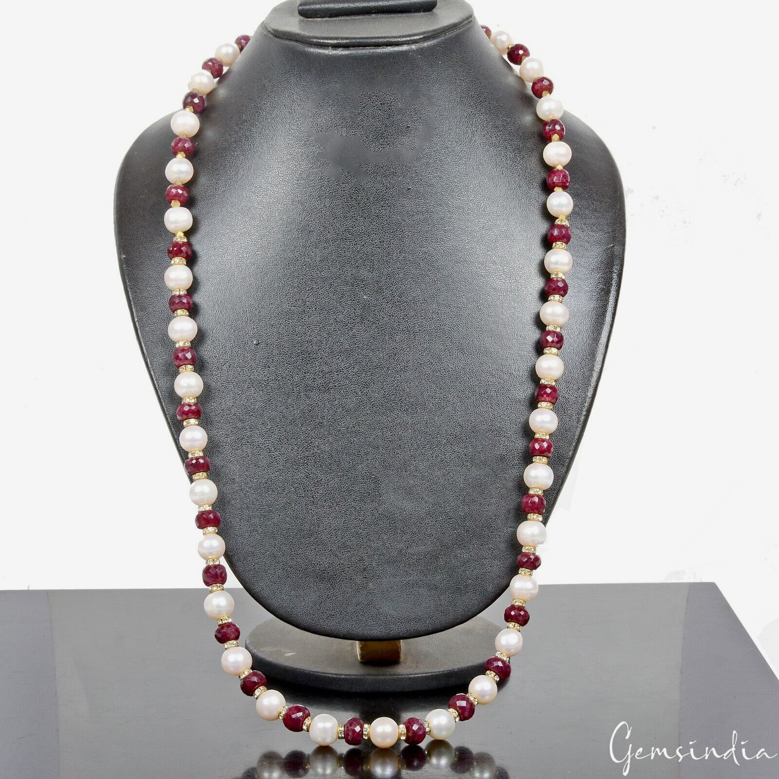 500 Ct Natural Ruby Freshwater Pearl Beaded Handmade Single Strand Necklace 28″