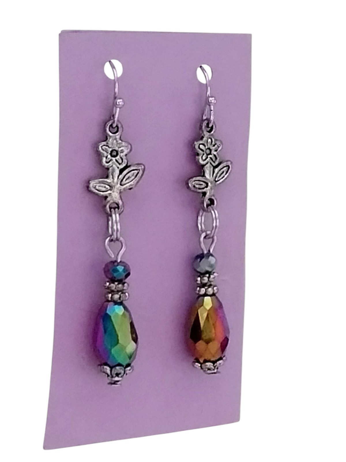 Handcrafted IRRIDESCENT BEADS SILVERTONE FLOWERS Double-Sided Dangle Earrings