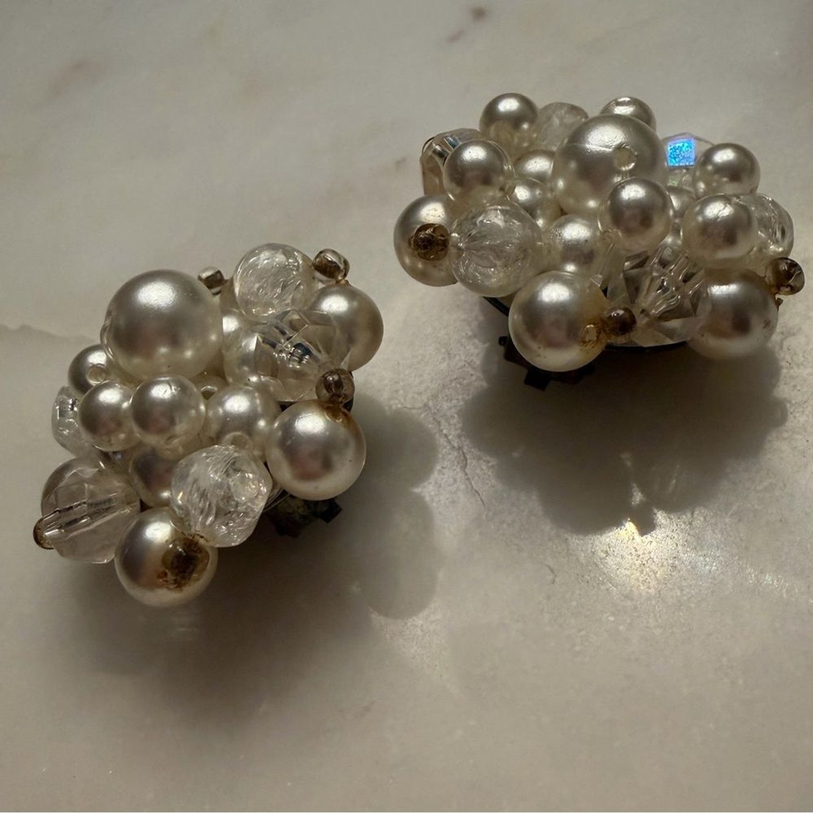 Vintage Beaded Faux Pearl AB Cluster Clip-On Earrings Made in Germany