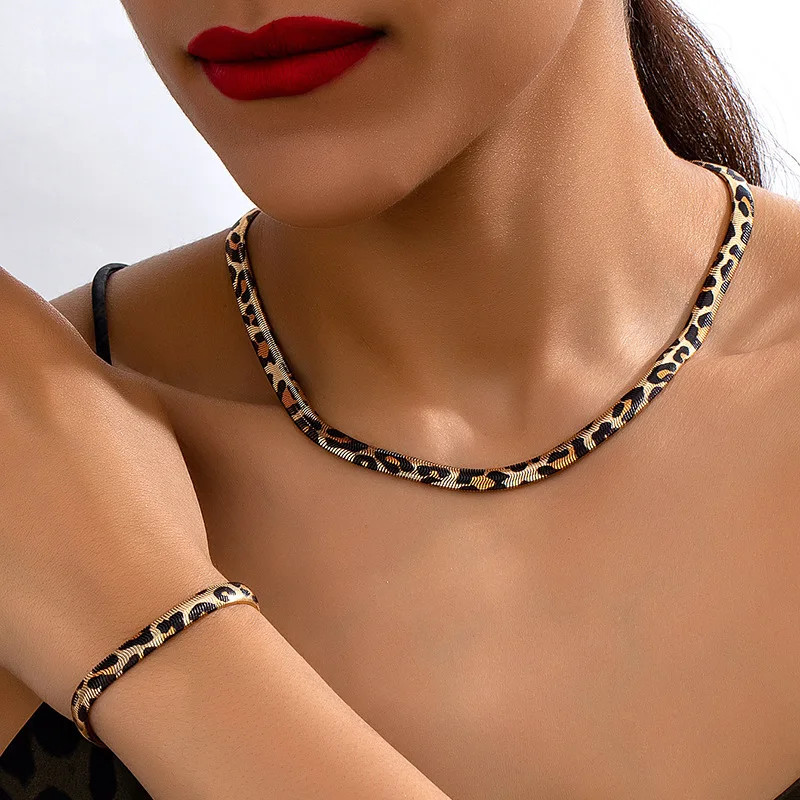 Leopard Print Snake Chain Bracelet Necklace Set For Women Fashion Jewelry Daily