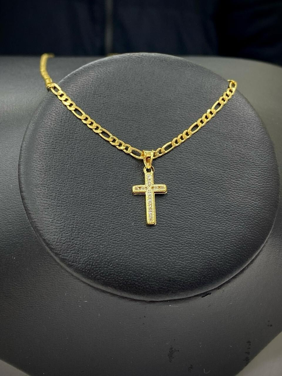 14K Gold Filled Tiny CZ Cross Pendant Necklace Womens 17x10mm Figaro Crucifix