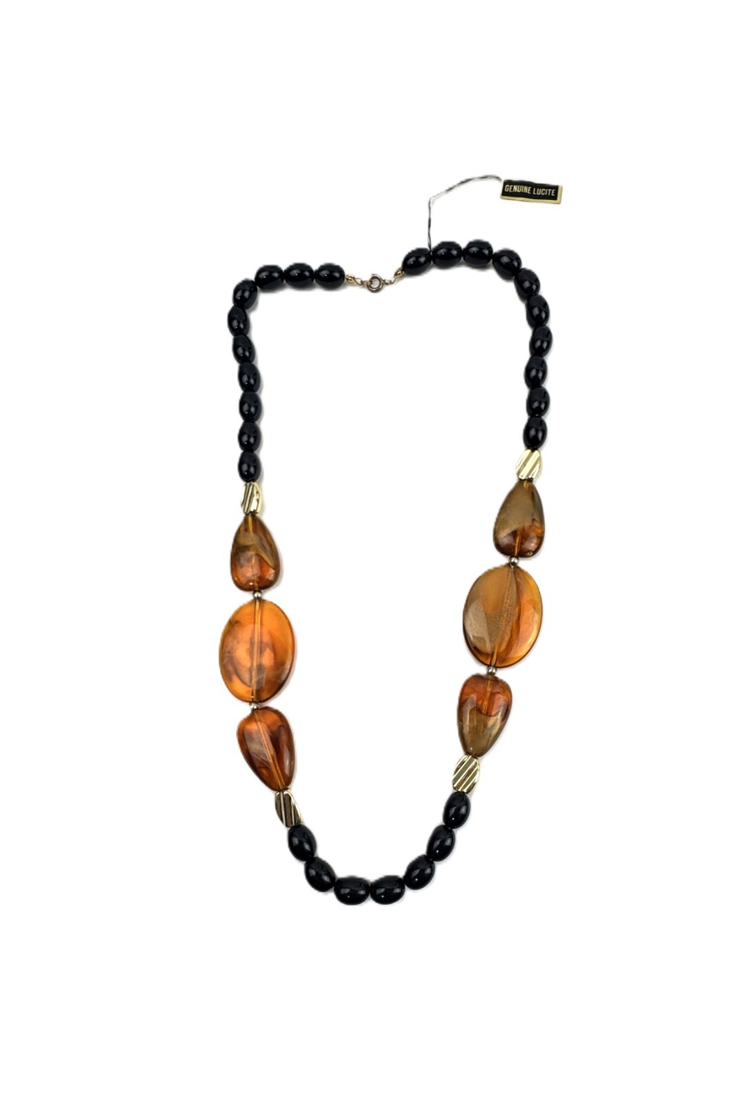 Chunky Lucite Beads Faux Amber and Black, Necklace 24″ Vintage 80s