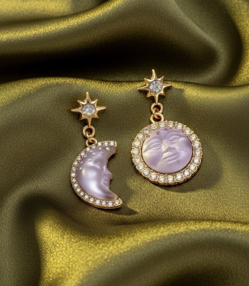 Goddess Moon Sun Star Earrings Face Mismatch Gold Deco Celestial CZ Asymmetric