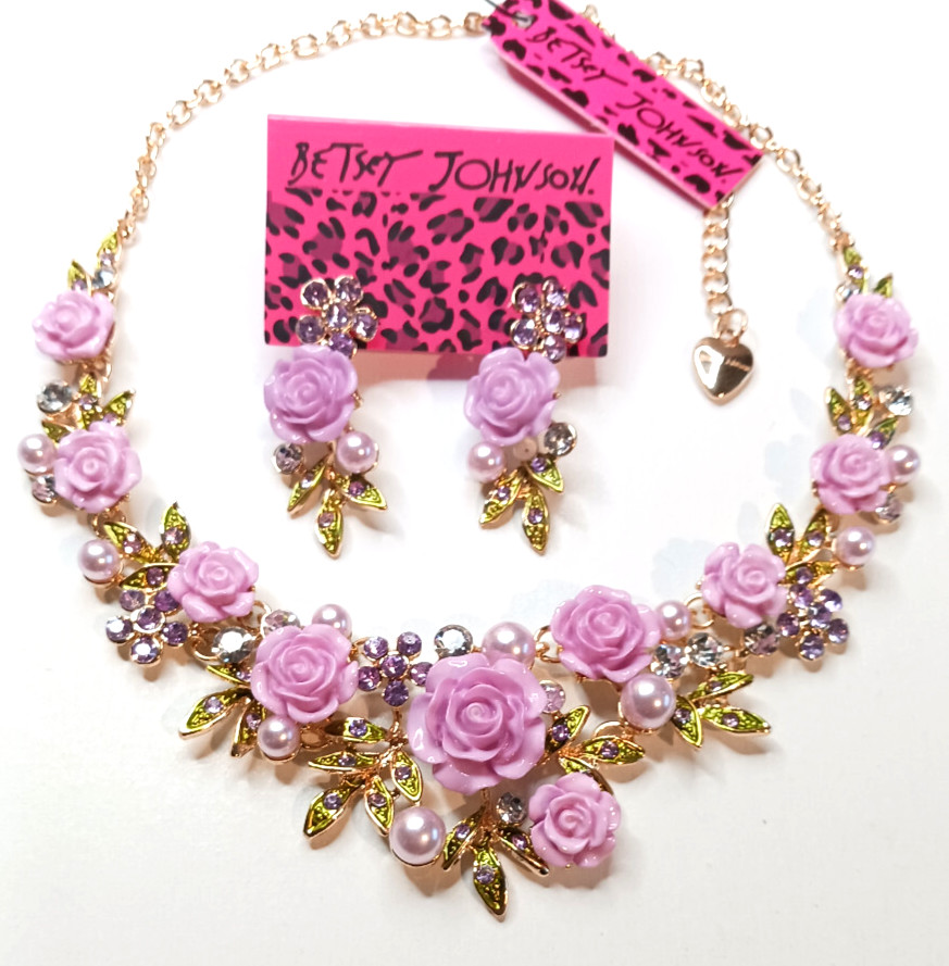Pink ROSE Flowers PEARL Choker Rhinestone Betsey Johnson Necklace Earring SET