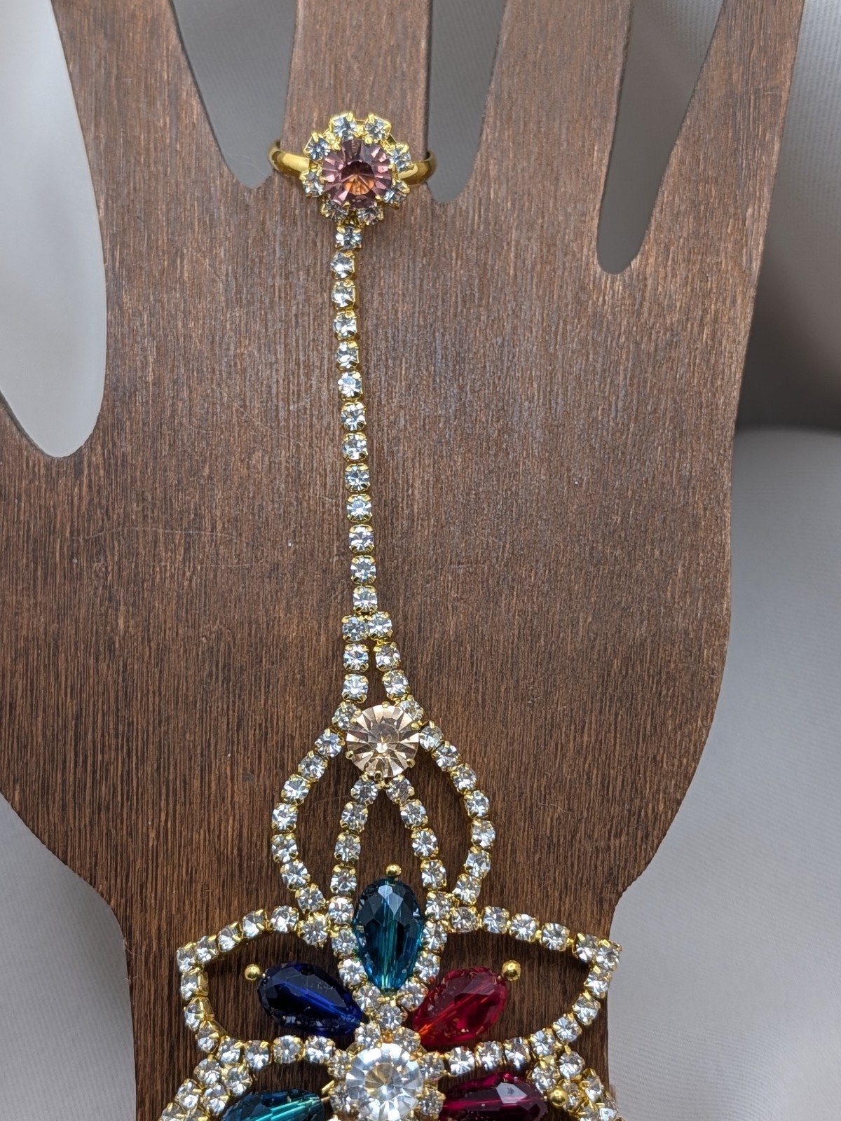 Vintage MULTI-COLOR FLORAL RHINESTONES Indian HAND CHAIN BRACELET & RING/SLAVE