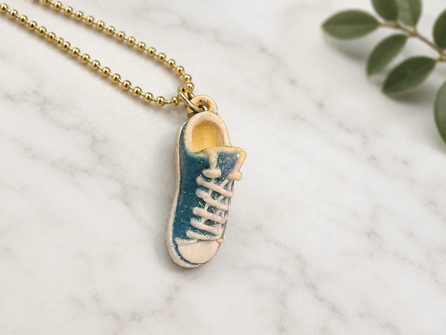 Blue Glitter Sneaker Pendant Necklace Cute Mini Tennis Shoe Charm Gold Tone