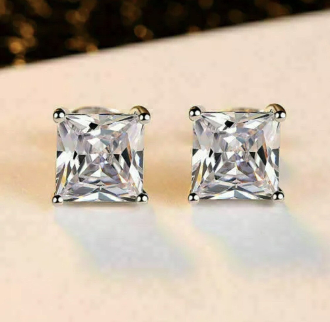 4 Ct Princess Cut VVS1/D Lab Created Stud Earrings 14K White Gold 7mm Push Back