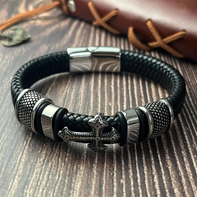 Men’s Cross Leather Bracelet Braided Christian Bangle Stainless Steel Jewelry